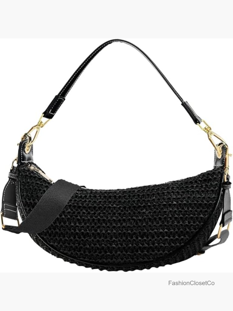 Straw Crossbody Bag For Women Crescent Woven Hobo Purse With Adjustable Strap